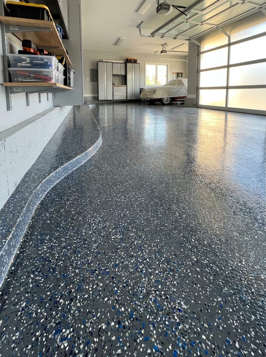 Flawless flake epoxy garage floor with crisp coved edge — RamRock Coatings craftsmanship