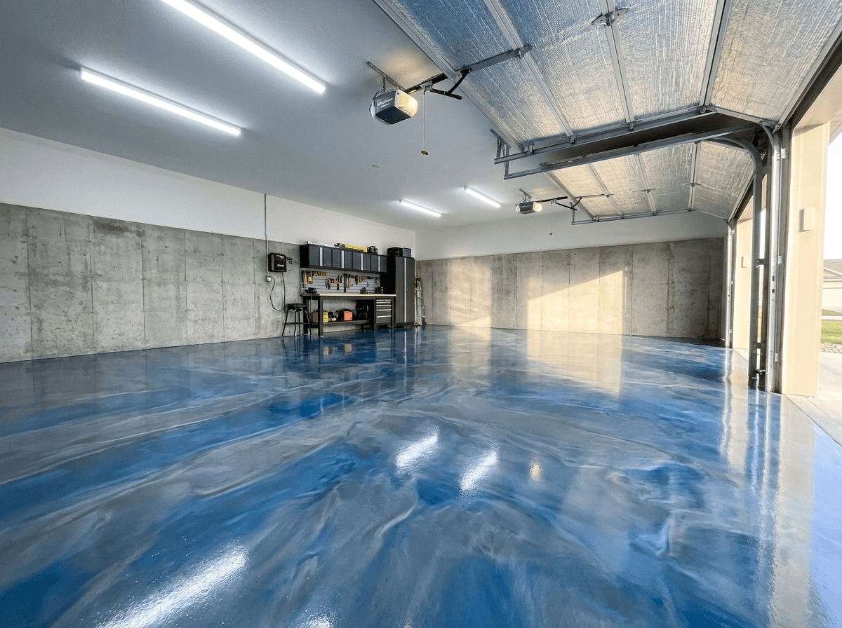 Blue metallic swirl epoxy garage floor in a Cedar Falls area home