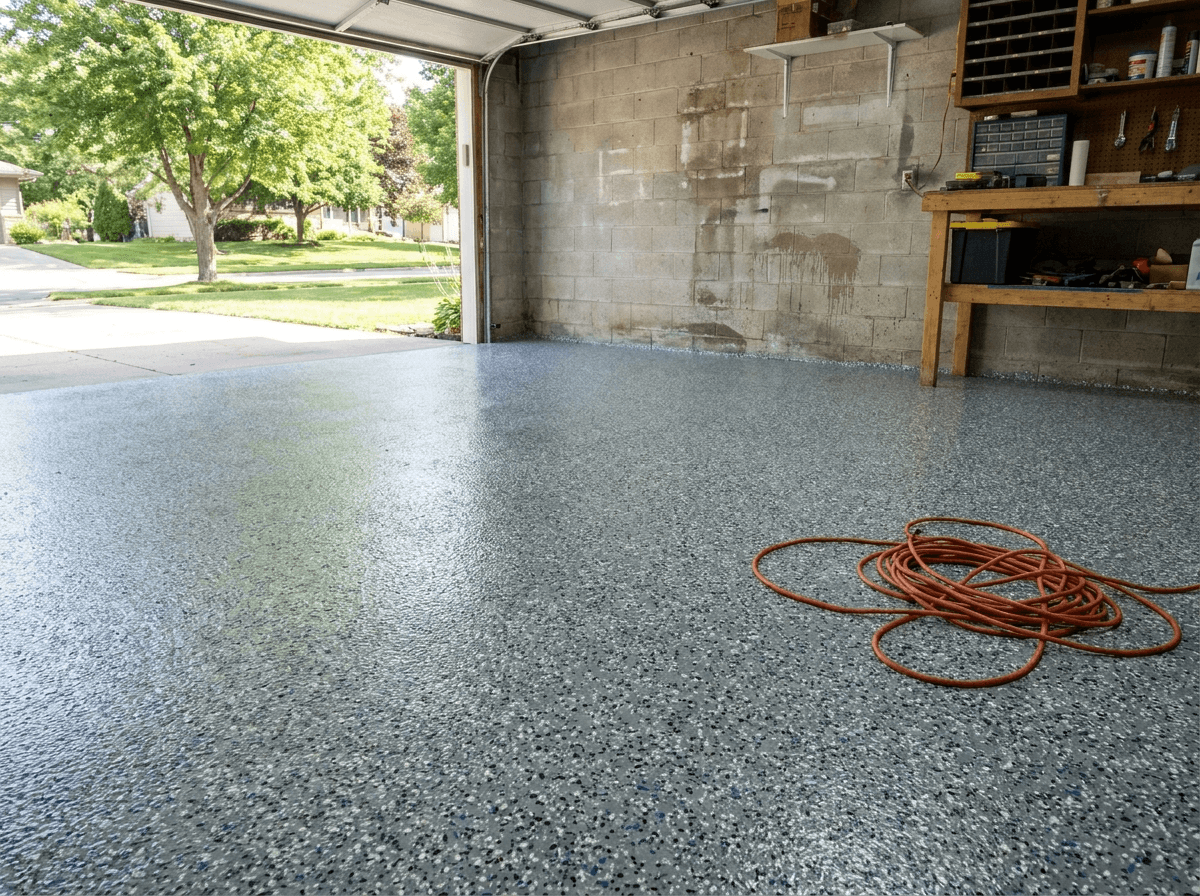 Grey flake epoxy garage floor installed in a Cedar Rapids area home