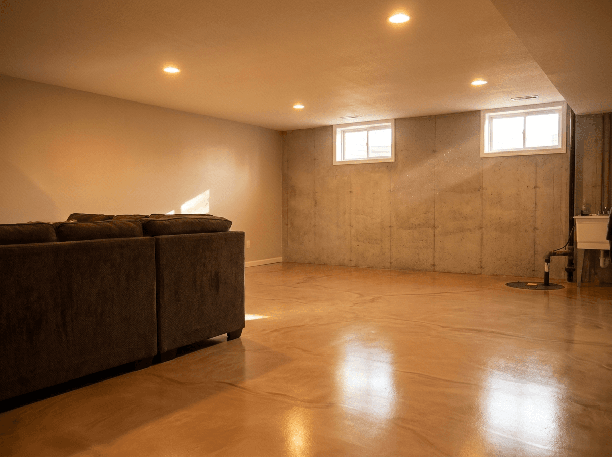 Warm metallic epoxy basement floor in an Iowa City area home