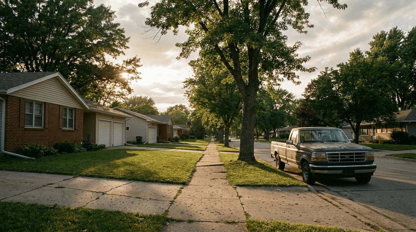 Quiet Iowa suburban street — RamRock Coatings service area across the state