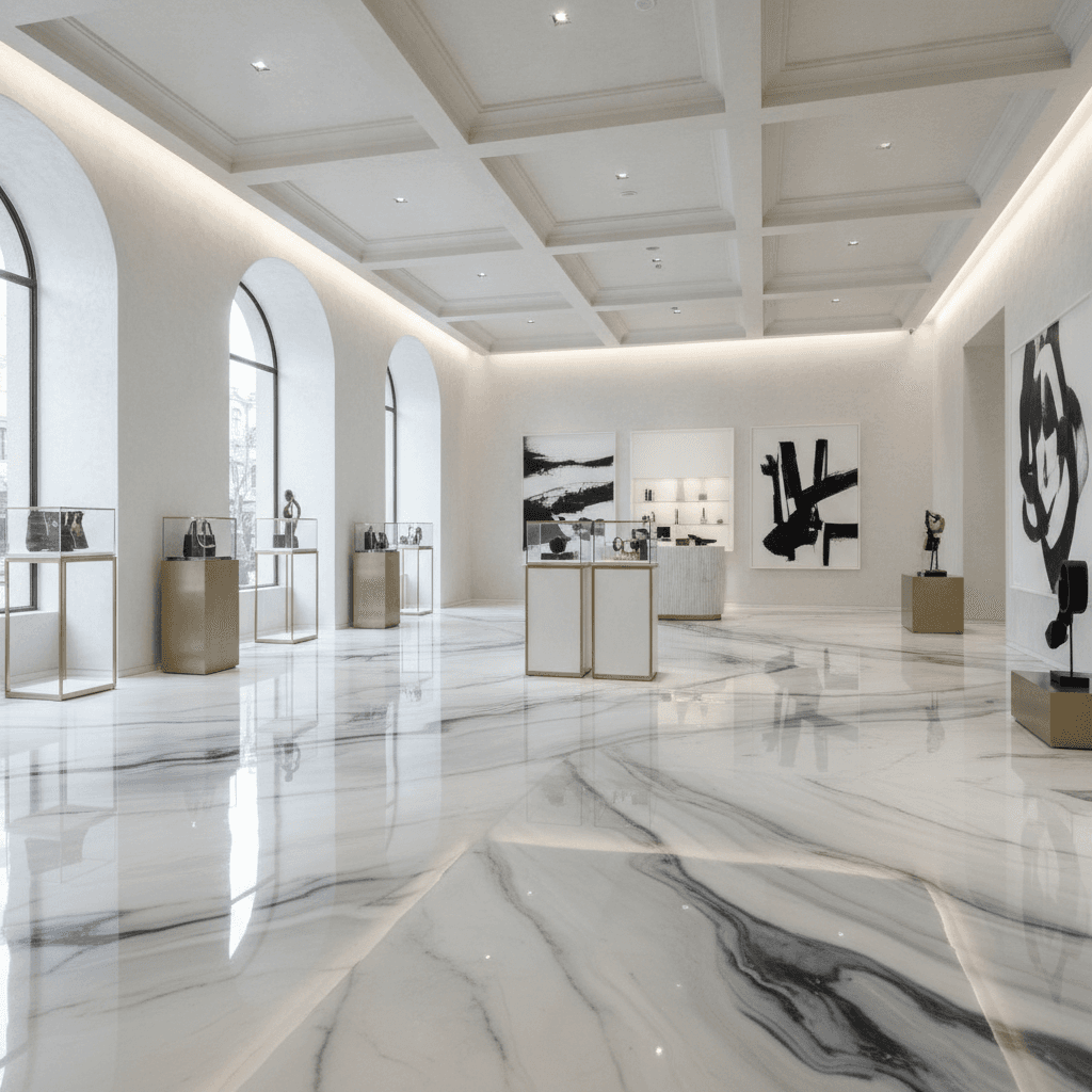 Marble-look epoxy floor with white and grey veining in a showroom