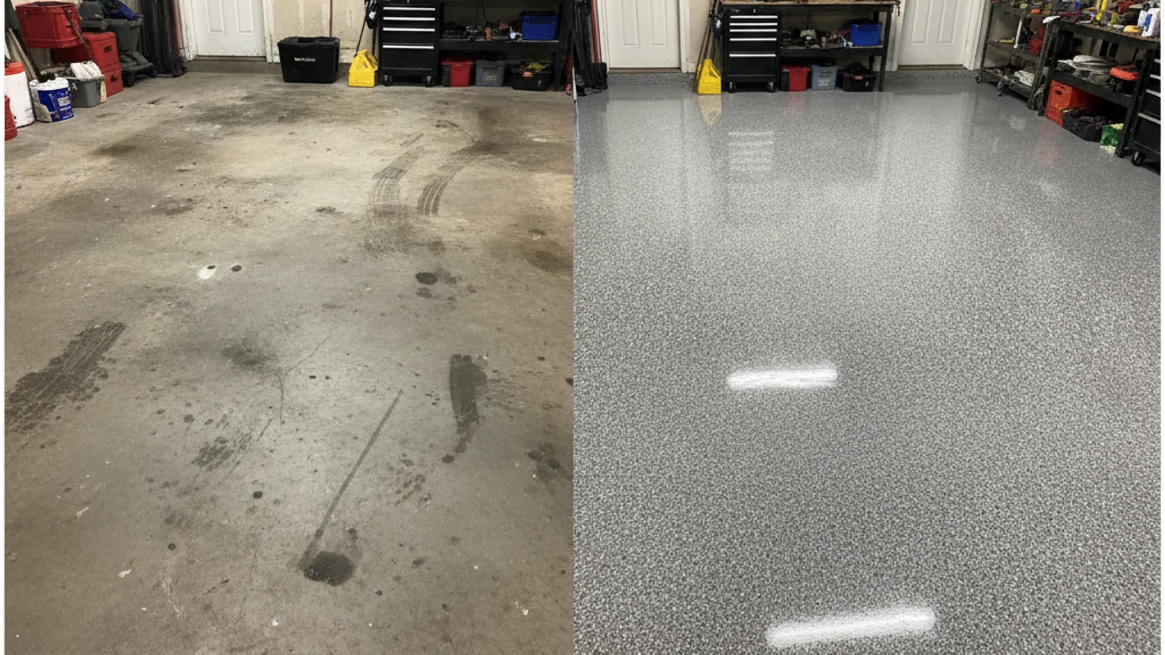 Garage floor before and after epoxy coating transformation