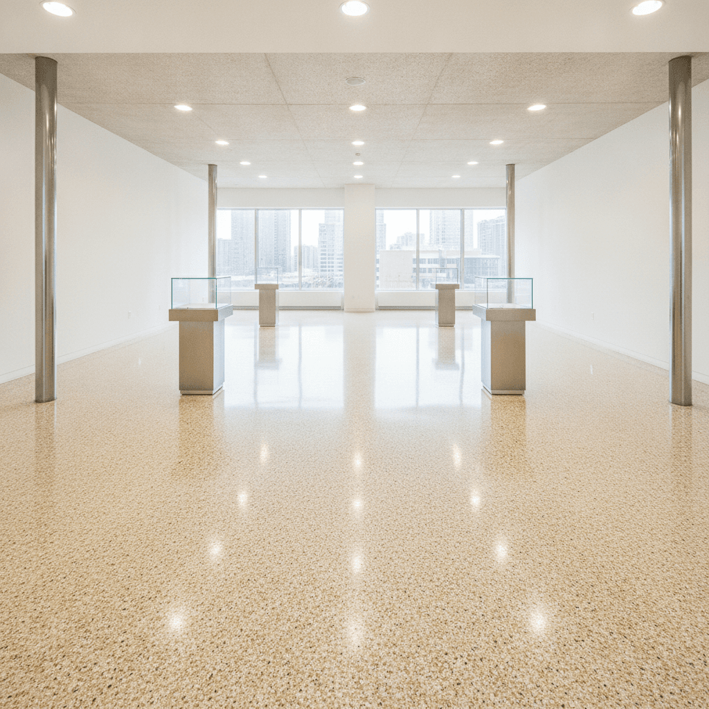 Decorative quartz broadcast epoxy floor with fine tan aggregate